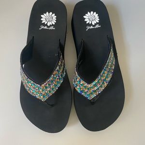 Yellow Box Wedge Sandals Multi-colored rhinestones. Blues.